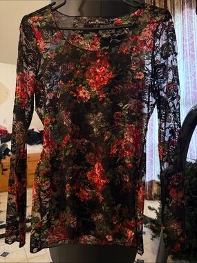 Almost Famous Black Lace Floral Long Sleeve Top with Red & Green Flowers